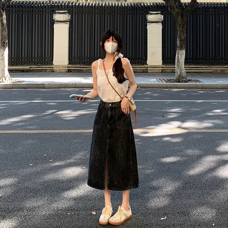 艾恩晟 24年春新款复古开叉牛仔半身裙夏季高腰宽松显瘦a字中长裙 - 缩略图3