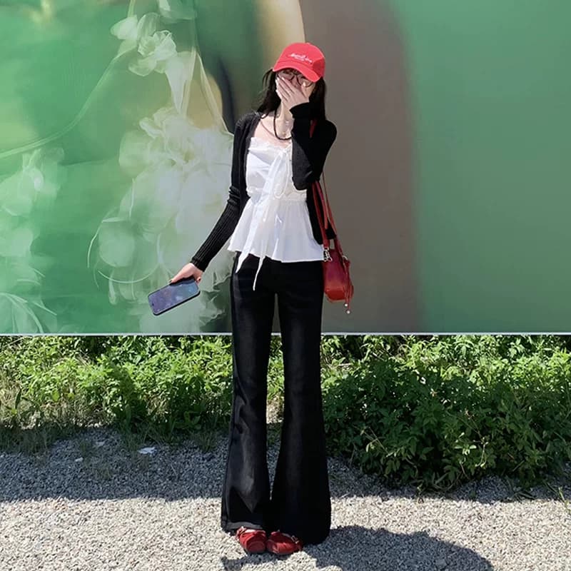 艾恩晟 牛仔裤女微喇叭黑灰色高弹性低腰  遮肉显瘦大长腿直筒 - 缩略图3
