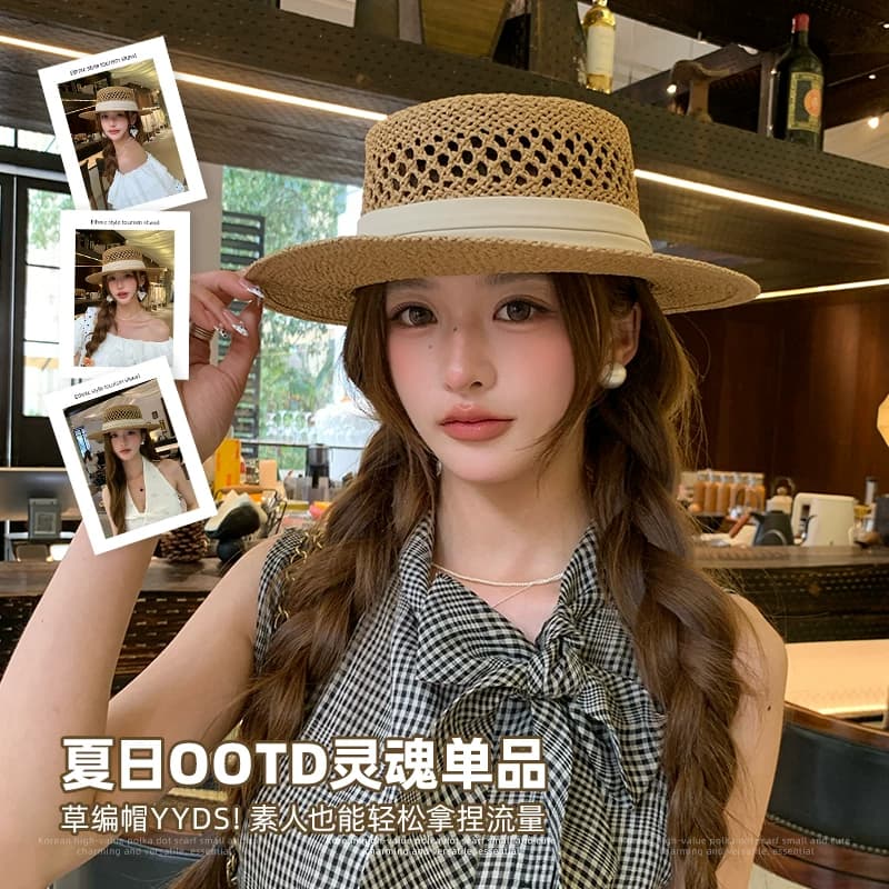 老钱风法式镂空草帽女2026新款夏季海边沙滩帽子度假太阳平顶礼帽 - 缩略图4