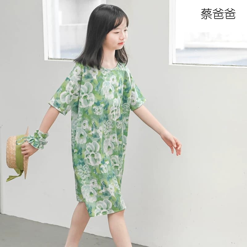 蔡爸爸原创童装小清新夏装碎花裙子 女大童少女全棉绿色连衣裙611 - 缩略图2
