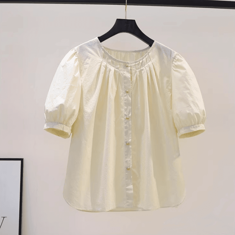 品牌折扣正品女装断码清仓特价不能退换圆领褶皱泡泡袖棉衬衫短 - 缩略图3