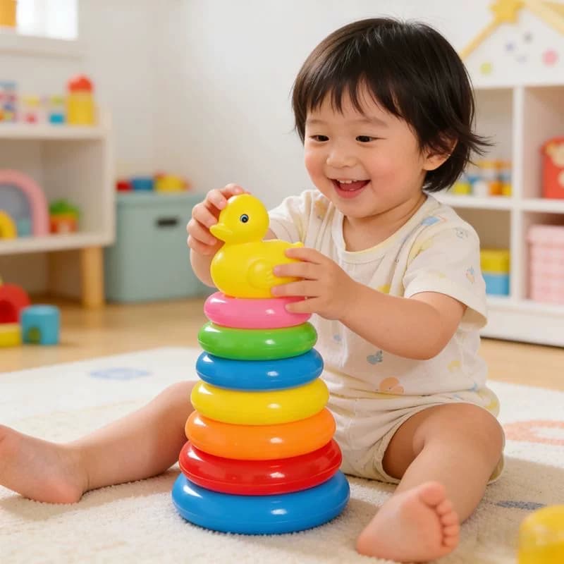 儿童彩虹叠叠圈小黄鸭套塔宝宝认知颜色大小早教堆叠玩具 - 缩略图2