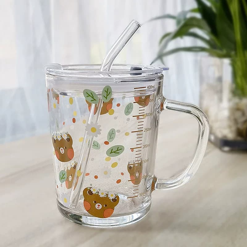 ins卡通杯子玻璃杯吸管杯勺刻度牛奶杯早餐杯情侣用微波炉便携 - 缩略图4