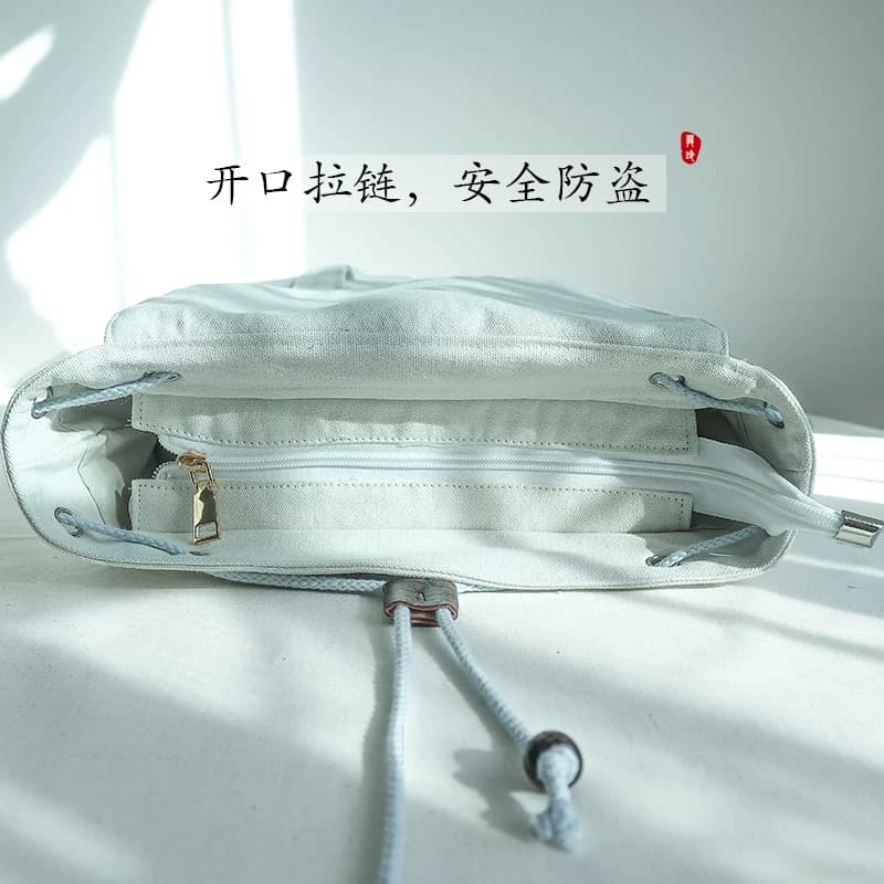 15寸书包原创复古中式古风汉服文艺刺绣拉链抽绳帆布电脑双肩背包 - 缩略图2