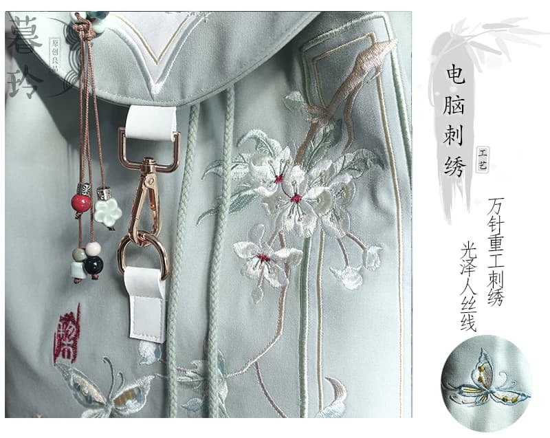 15寸书包原创复古中式古风汉服文艺刺绣拉链抽绳帆布电脑双肩背包 - 缩略图3