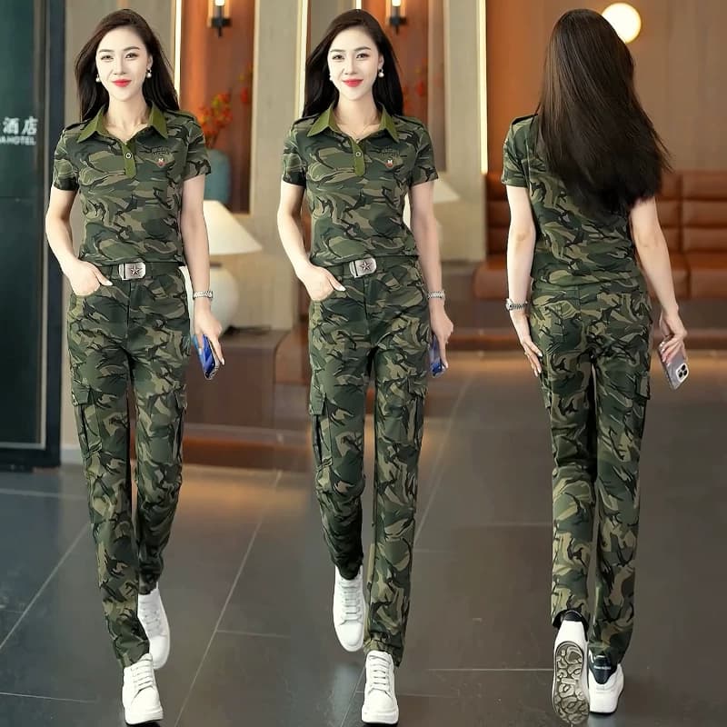 夏季迷彩服短袖套装女士工装服直筒裤显瘦大码舞蹈演出服登山潮 - 缩略图3