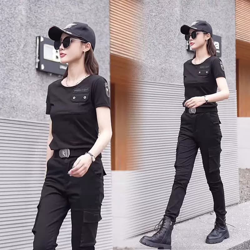 军绿色工装两件套显瘦百搭女士迷彩服套装新款薄款短款上衣弹力潮 - 缩略图5