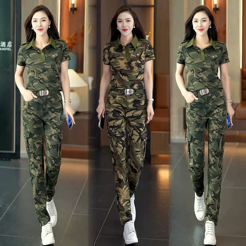 夏季迷彩服短袖套装女士工装服直筒裤显瘦大码舞蹈演出服登山潮 - 缩略图2