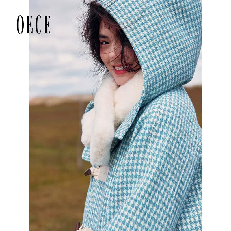 Oece秋冬装新款女千鸟格毛呢外套中长款冬呢子大衣 - 缩略图2