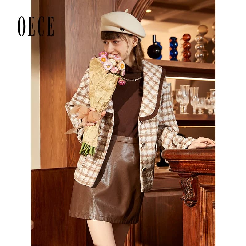 Oece毛呢外套冬季新款复古格子外套气质呢子呢大衣女 - 缩略图4