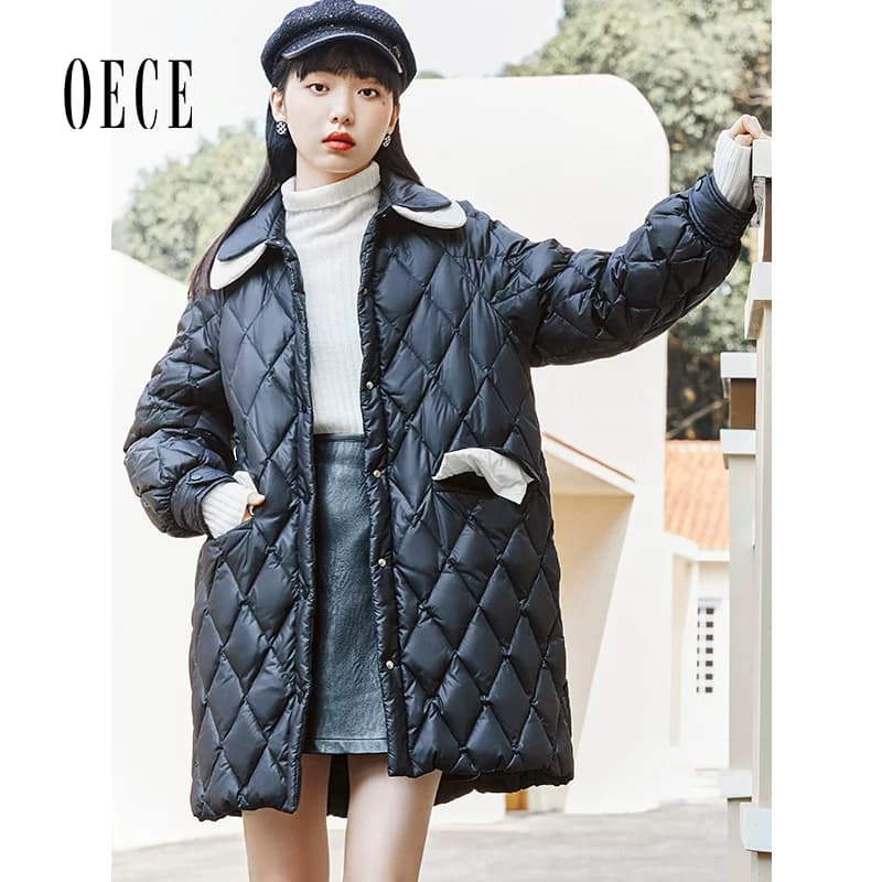 Oece中长款羽绒服冬装新款女复古学院风修身外套 - 缩略图2