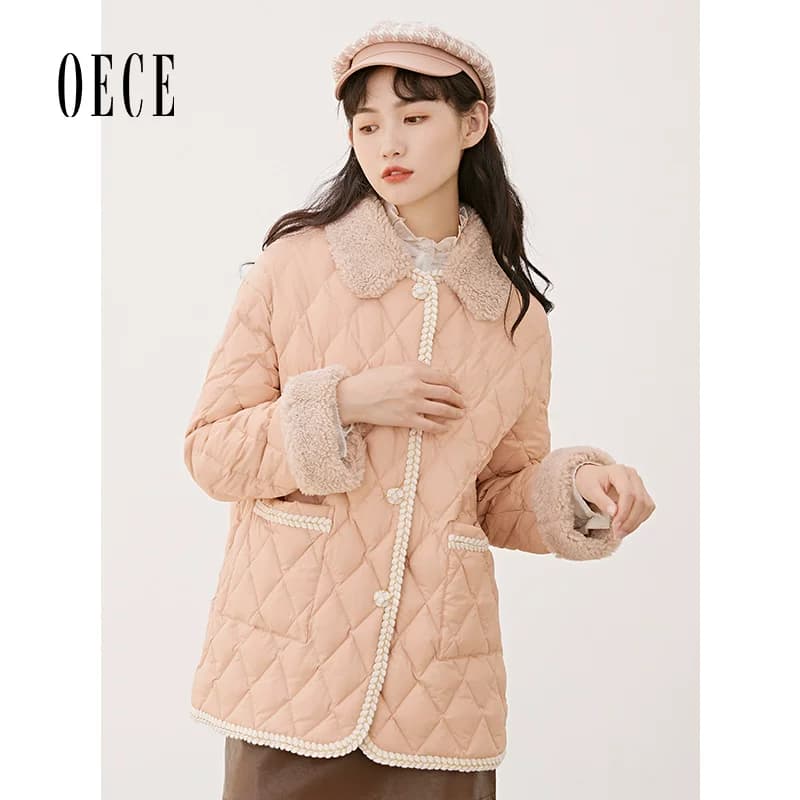 Oece秋冬新款女复古甜美气质中长款羽绒服修身外套 - 缩略图3