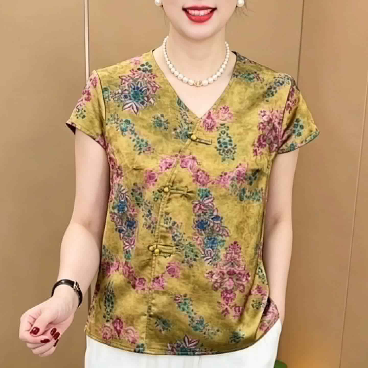 妈妈装V领斜门襟盘扣中式印花小衫时尚女夏季短袖T恤减龄百搭上衣 - 缩略图5