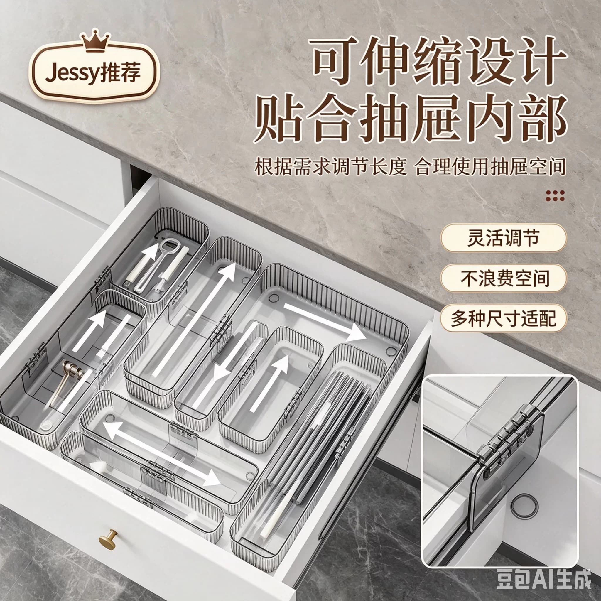 可伸缩厨房抽屉餐具收纳盒橱柜分格筷勺刀叉整理盒 透明PET材质 - 缩略图2