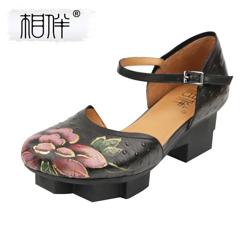 相伴真皮凉鞋夏季新款百搭羊皮高跟手绘古风复古民族风女鞋53212 - 缩略图2