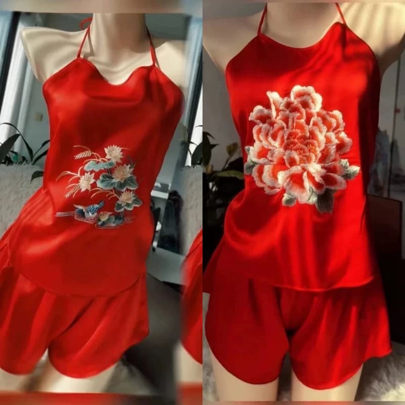 买一送一苏绣刺绣鸳鸯冰丝复古风肚兜性感内衣夏天睡衣女吊带套装 - 缩略图3