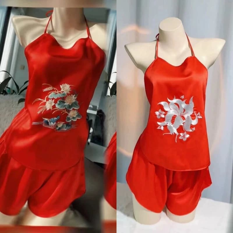 买一送一苏绣刺绣鸳鸯冰丝复古风肚兜性感内衣夏天睡衣女吊带套装 - 缩略图2