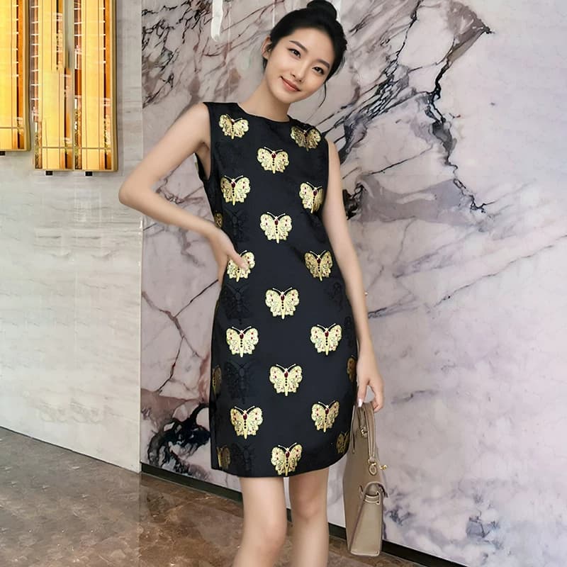 上久楷黑金蝴蝶名家宋锦连衣裙真丝桑蚕丝背心裙定做裙子裁缝 - 缩略图2