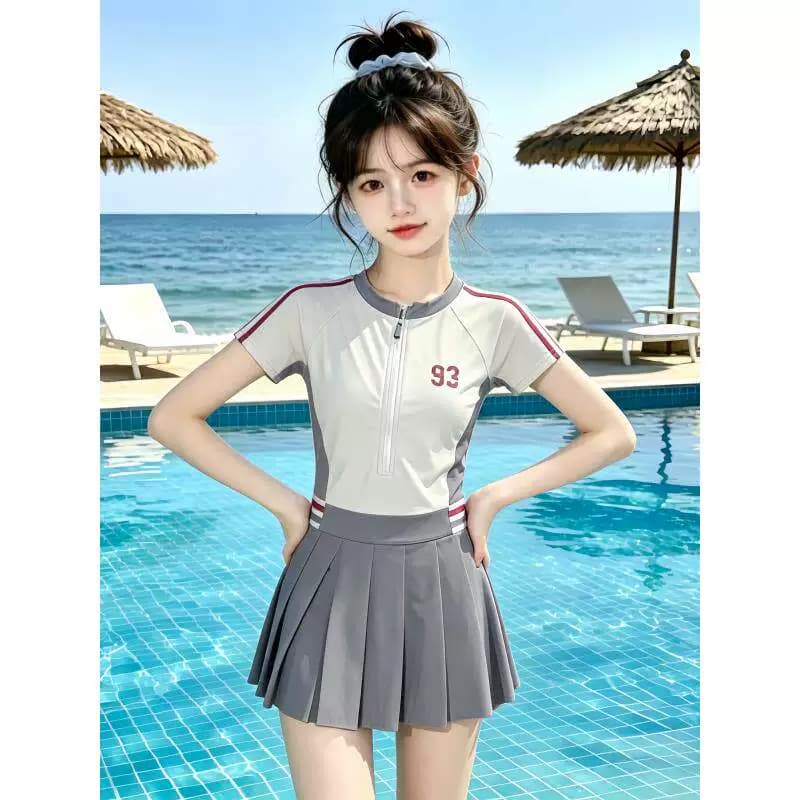 女大童夏季休闲拼色泳衣2026新款中大童洋气时尚连体裙式游泳衣潮 - 缩略图5