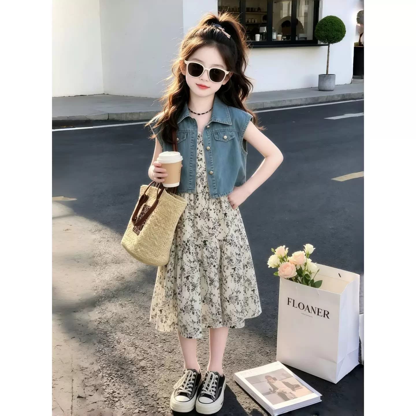 女童公主风棉混纺女大童牛仔马甲碎花连衣裙两件套夏季洋气套装裙 - 缩略图3
