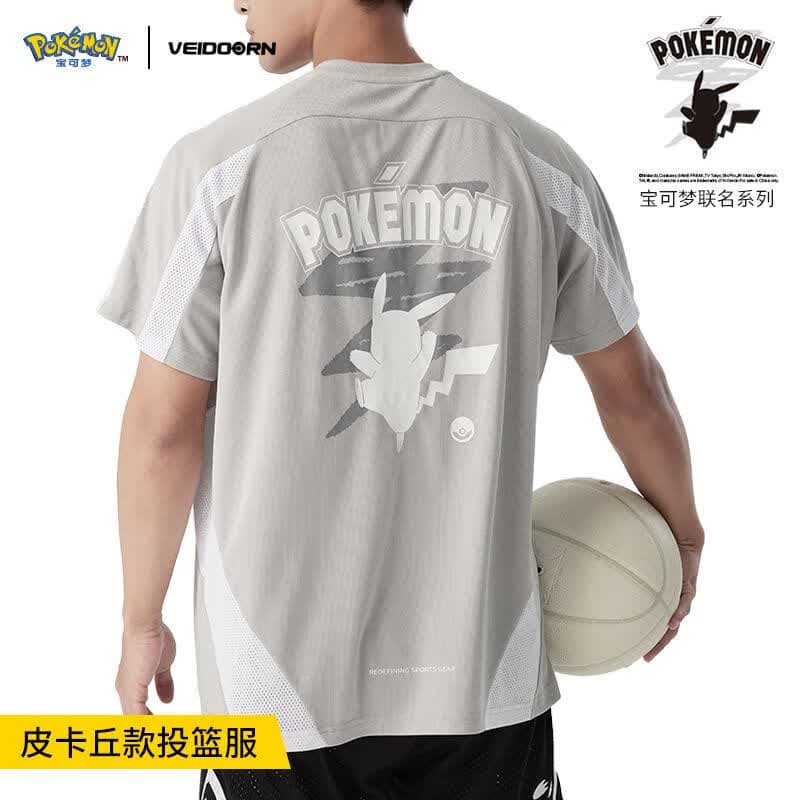 维动（VEIDOORN）宝可梦联名短袖投篮服T恤男美式篮球训练服运动跑步上衣透潮 皮卡丘联名运动T恤【灰色】 XL