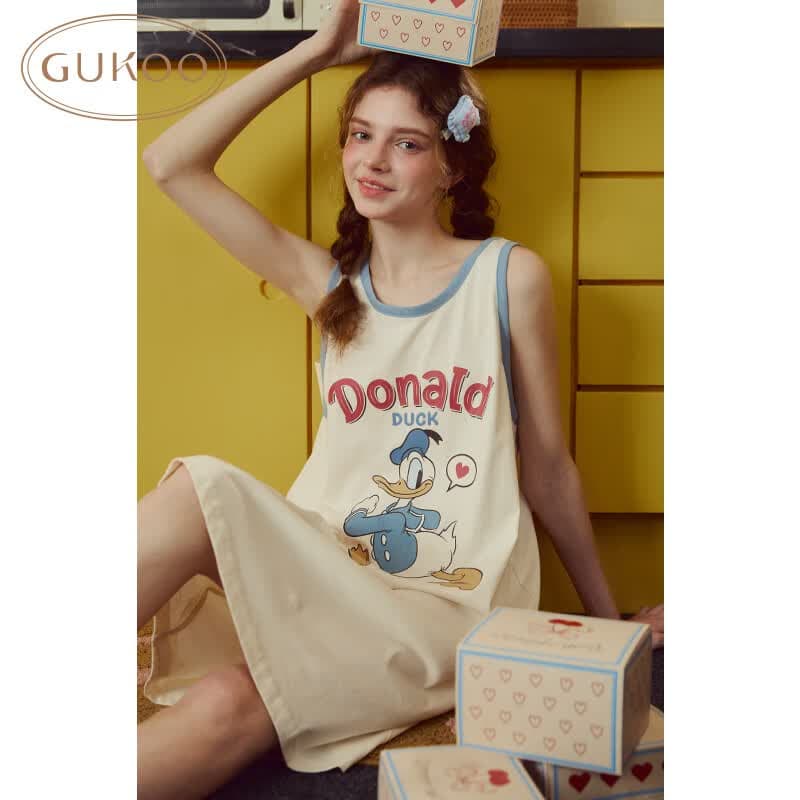 果壳（Gukoo）睡裙女士夏季睡衣女无袖防走光无袖纯棉运动风连衣裙B七夕礼物 唐老鸭背心裙 L