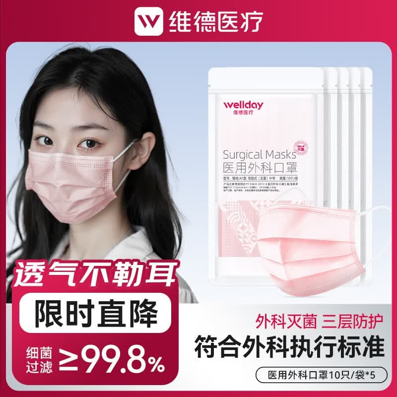 维德（WELLDAY）一次性医用外科口罩三层防护灭菌级成人外科防病毒雾霾外科口罩 医用外科口罩【共50只】粉色
