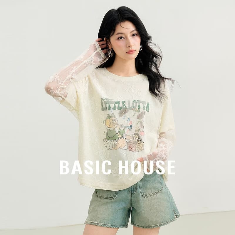 Basic House/百家好宽松假两件上衣女春夏新款刺绣蕾丝设计长袖T恤上衣 米色 S