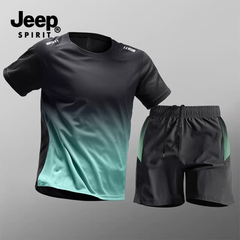JEEP SPIRIT吉普运动套装男士夏冰丝速干衣健身t恤跑步短袖短裤羽毛球训练服 黑绿 XL