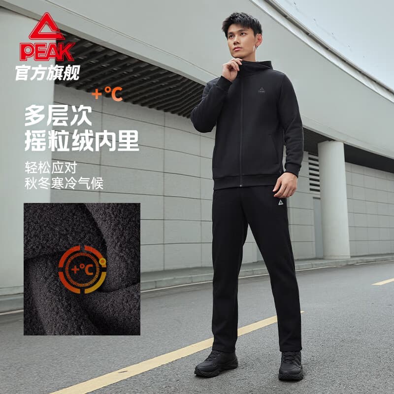 匹克运动裤男款跑步长裤秋季直筒针织休闲裤卫裤梭织裤子 黑色-加绒款-男款-354001 M
