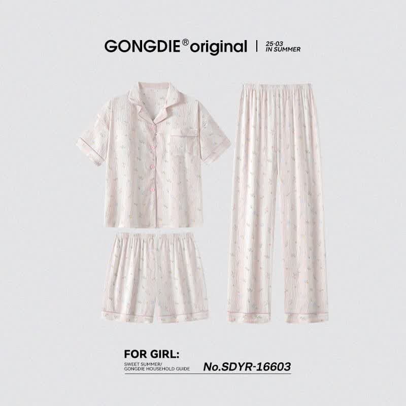 宫蝶睡衣女三件套夏季可外穿短袖长裤甜美碎花家居服带胸垫 短袖三件套（不可拆卸胸垫） L （建议100-120斤）