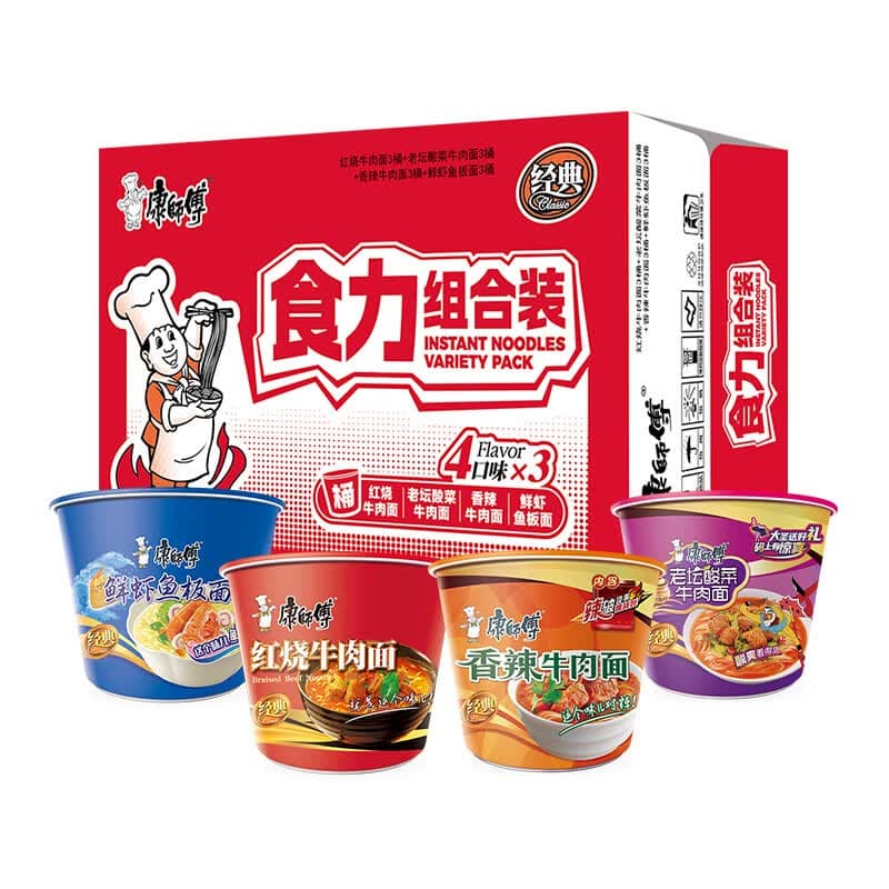 康师傅 方便面 经典红烧+酸菜+香辣+鲜虾鱼板110g*12泡面整箱速食