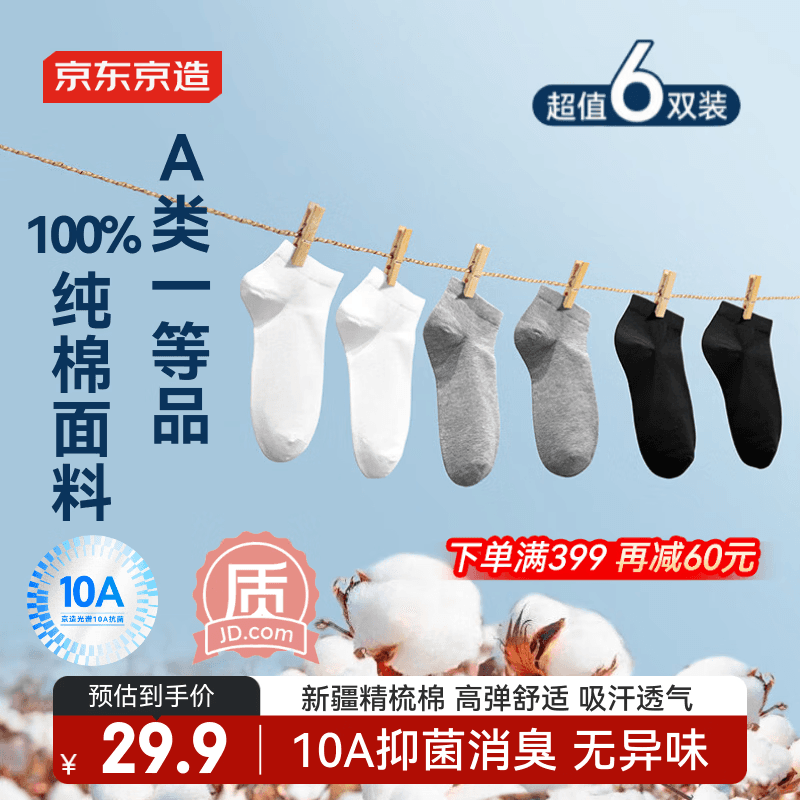 京东京造【100%纯棉】男士袜子男船袜军训防臭抗菌超薄透气短款黑白灰6双