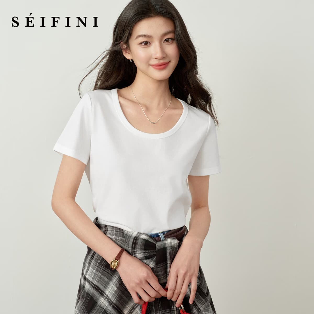 诗凡黎（‘S EIFINI）【爆款满分T】诗凡黎凉感百搭T恤B入26夏新款正肩显瘦白色短袖女 【U领】白色 L
