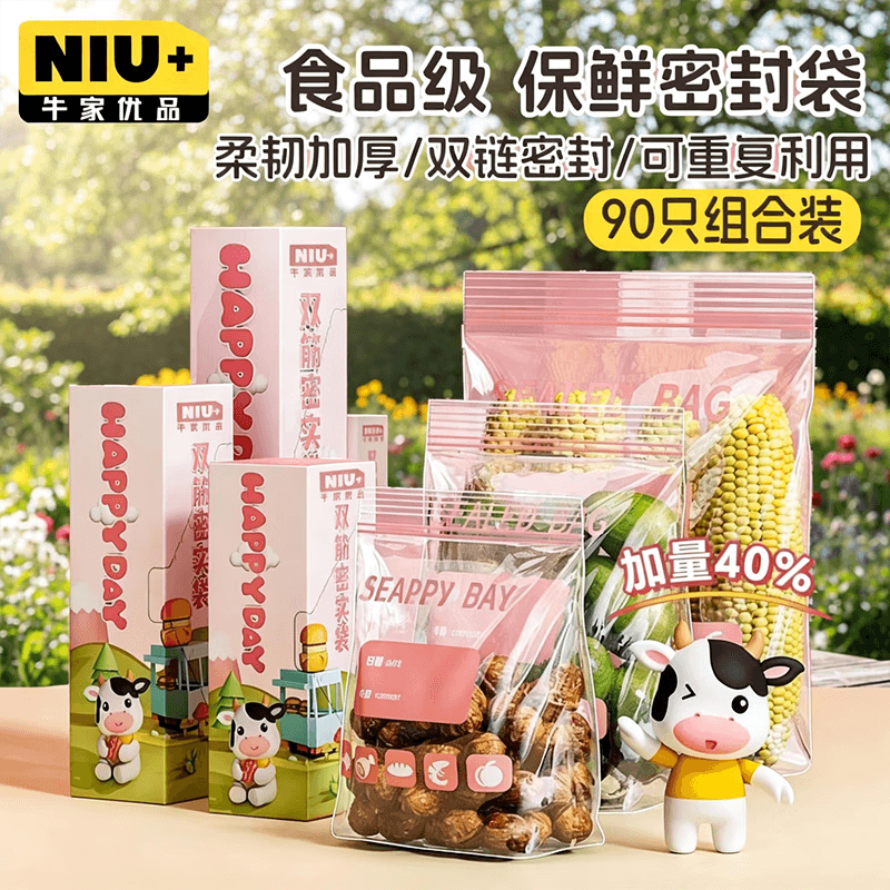 牛家优品 食品密封袋 双链组合款大中小90只 自封袋厨房冰箱冷冻保鲜袋