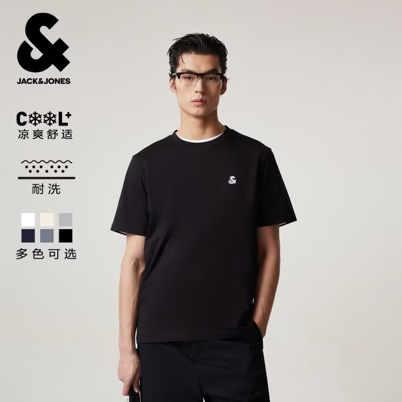 杰克·琼斯（JACK&JONES）26年男装新款【凉感】短袖T恤男士简约纯色透气打底耐洗半袖 E43纯黑色 常规 M （175）