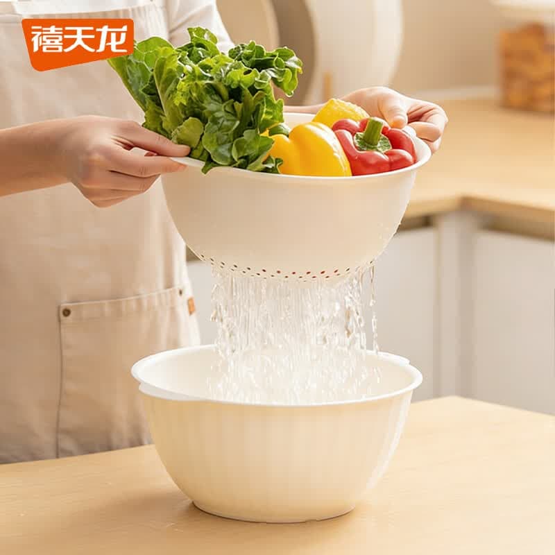 禧天龙双层洗菜盆沥水篮厨房家用塑料水果盘滤水淘菜洗菜篮子 圆形双层 （加大款）