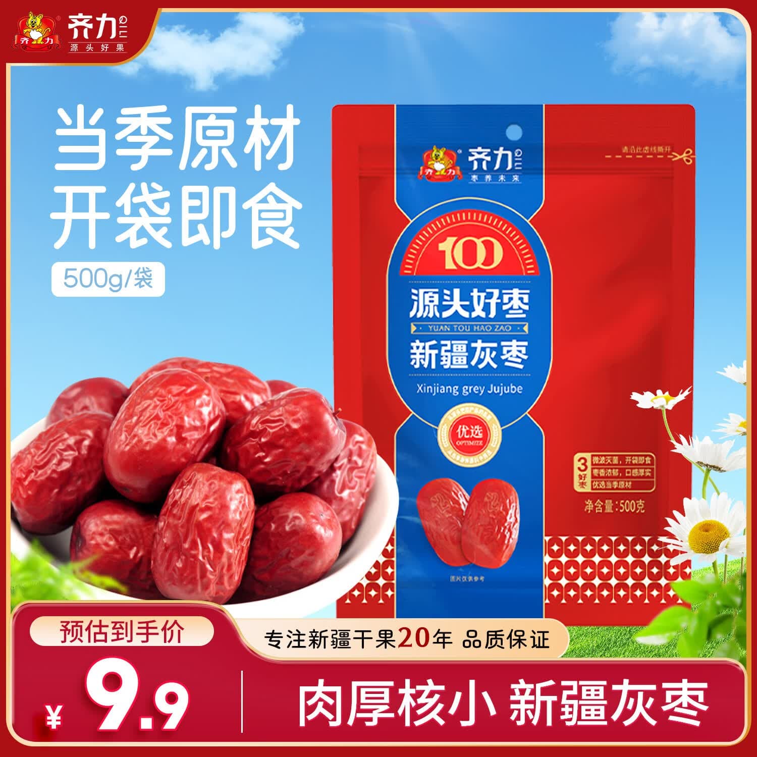 齐力新疆灰枣500g 若羌特产 即食红枣 泡茶煮粥枣子颗粒均匀 果干零食