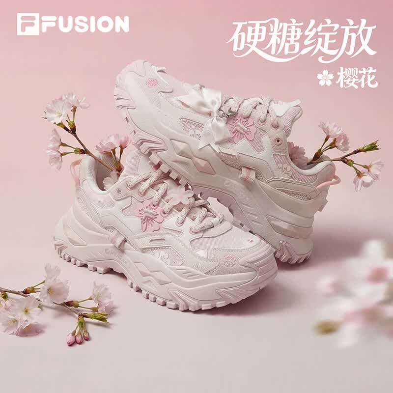 FILA斐乐硬糖绽放丨潮牌厚底增高老爹鞋26新款女鞋轻便运动鞋 羊皮纸粉/香雪白-樱花-PW 38