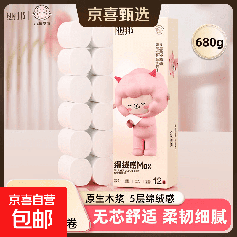 丽邦无芯卷纸【5斤18卷/提】6层加厚卫生纸厕纸原木卷筒纸家庭装 5层 56.67g/卷*12卷