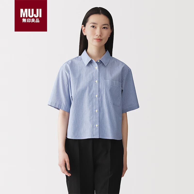 MUJI女式 凉感 短袖衬衫 女士衬衣外套女装女款26年夏季 蓝色格纹 M