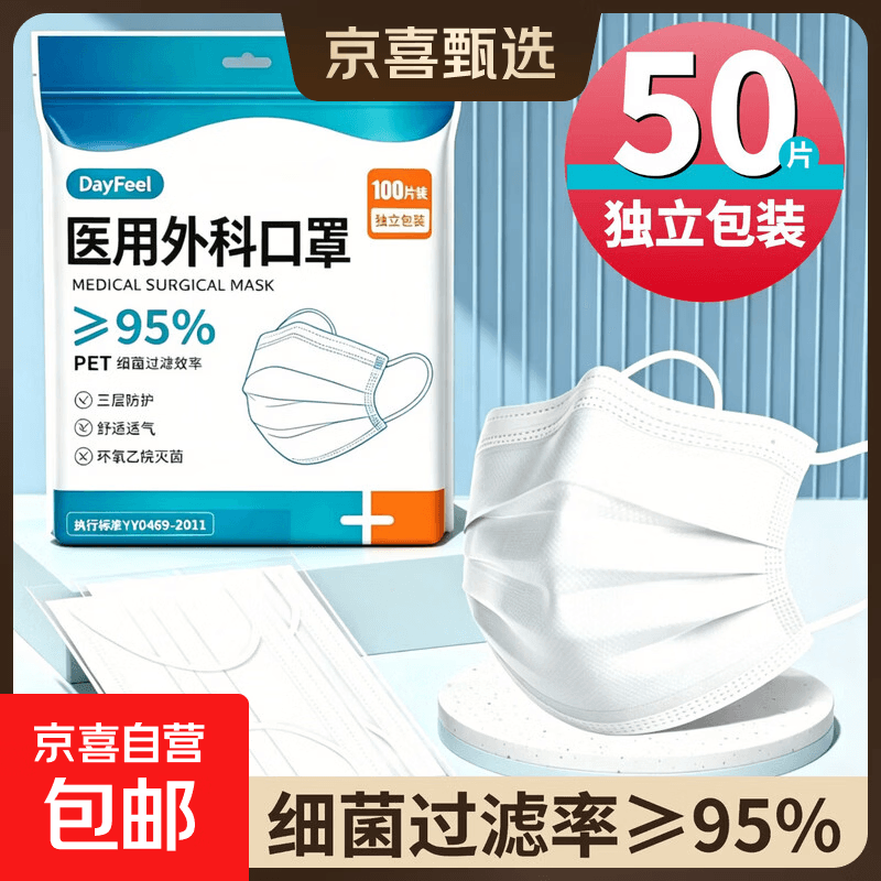 白色口罩医用外科一次性三层医疗单独包装独立成人正品官方旗舰店 成人白[医用外科]50只独立装