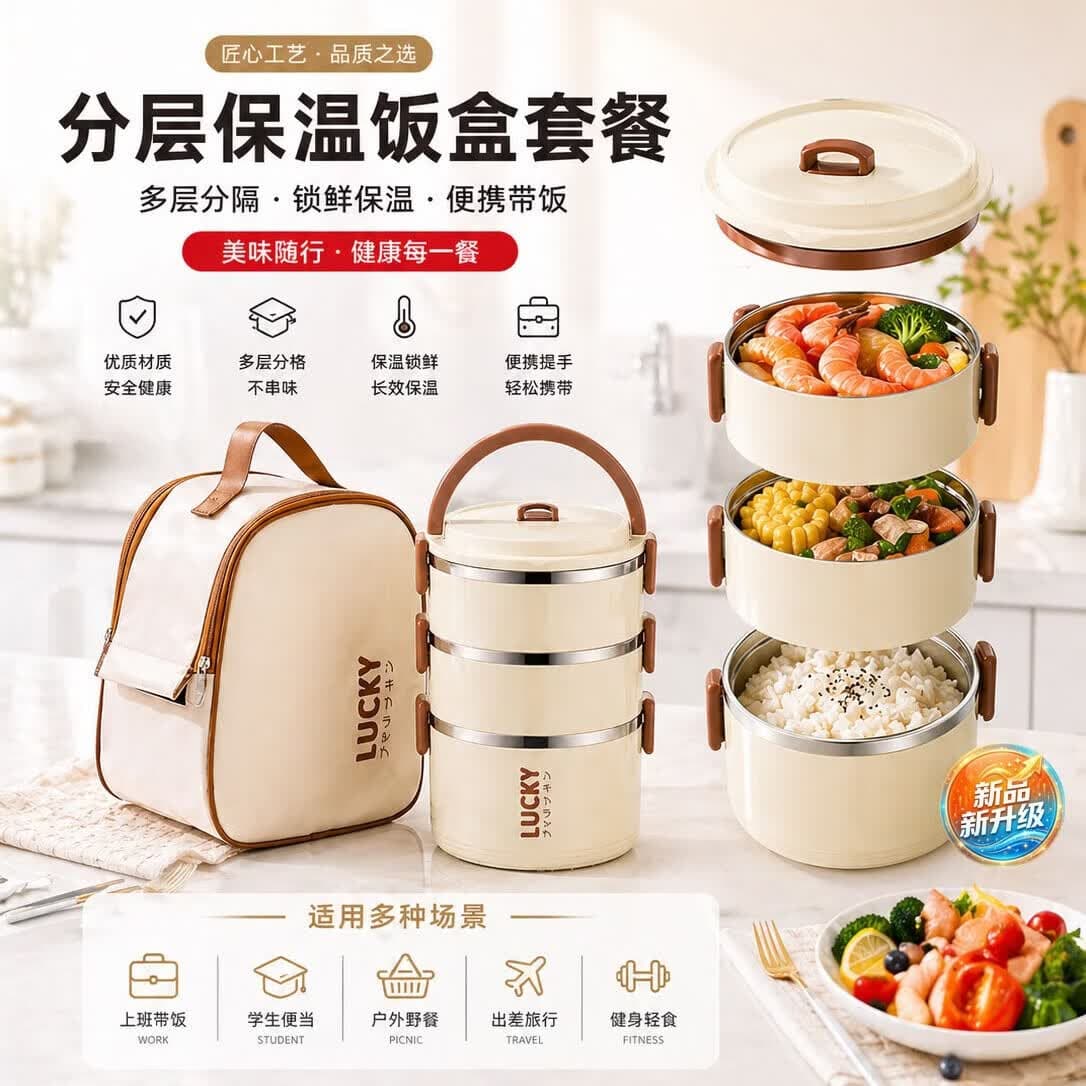 百亿熊304不锈钢保温饭盒上班族大容量手提饭桶便携式带盖三四层便当盒 304不锈钢【四层装/配提手盖】