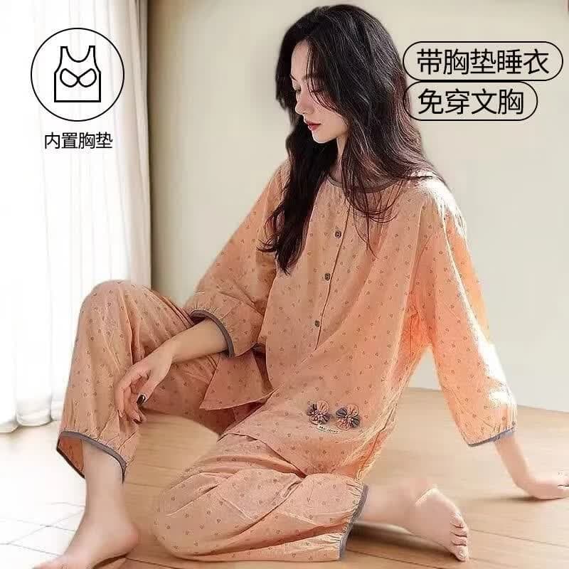【商场品质】2026夏季七分袖睡衣套装女款可外穿家居服大码免内衣 【自带胸垫】橙云 L 【建议90-110斤】