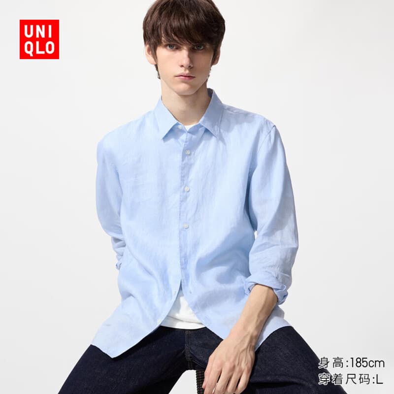 优衣库法国麻衬衫/长袖男装女装衬衣亚麻26春夏新款482437 485656 482437/61水蓝色 S