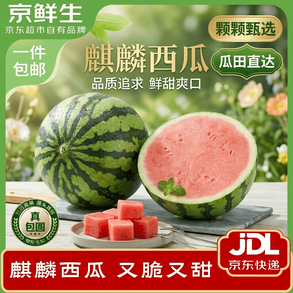 京鲜生 无籽麒麟西瓜 净重5-7斤 1粒生鲜水果源头直发包邮