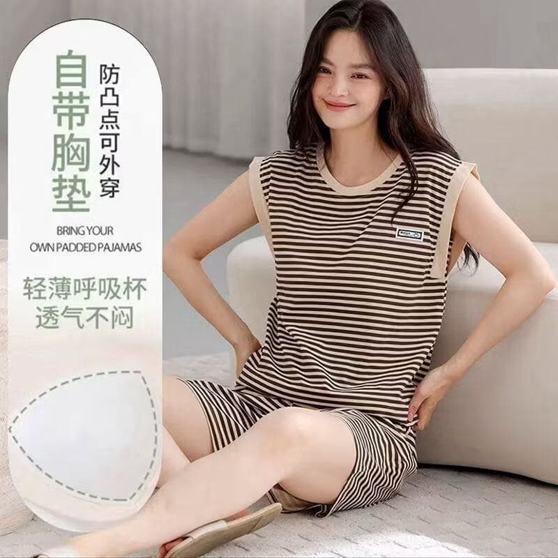 夏季带胸垫睡衣女背心短裤休闲大码圆领家居服夏天薄款无袖套装M 黑色条纹套装（带胸垫） XL 建议110-125斤