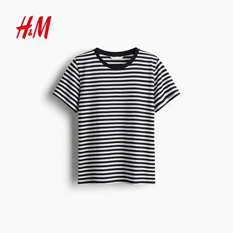 H&M女装T恤夏季圆领时尚休闲简约宽松短袖上衣1270848 白色/海军蓝条纹 M 165/96