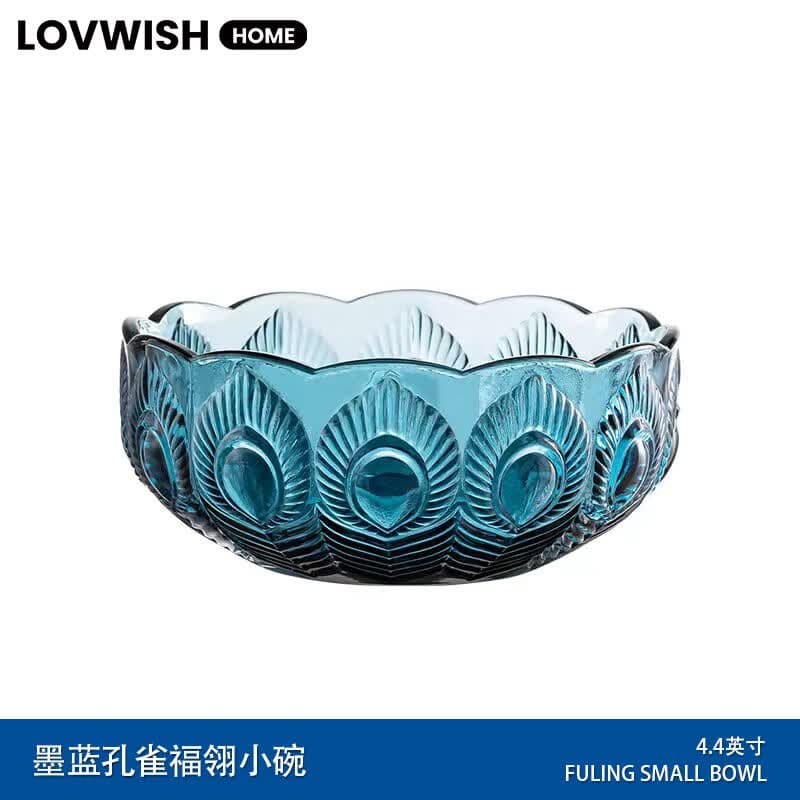 乐唯诗（LOVWISH） 创意玻璃透明水果沙拉碗 家用玻璃碗甜品碗蔬菜料理碗加厚早餐碗 孔雀浮雕小碗*【4.4英寸*1】