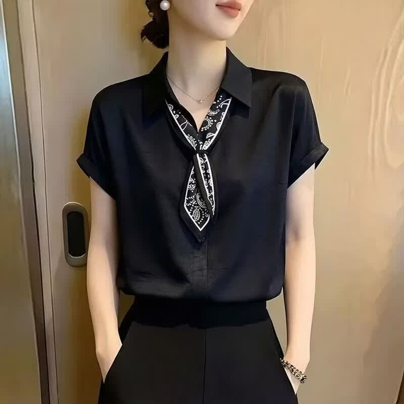 【轻奢爆款】2026夏季新款翻领系带丝巾时尚气质短袖衬衫女职业装 黑色 2XL 建议体重【120-130斤】